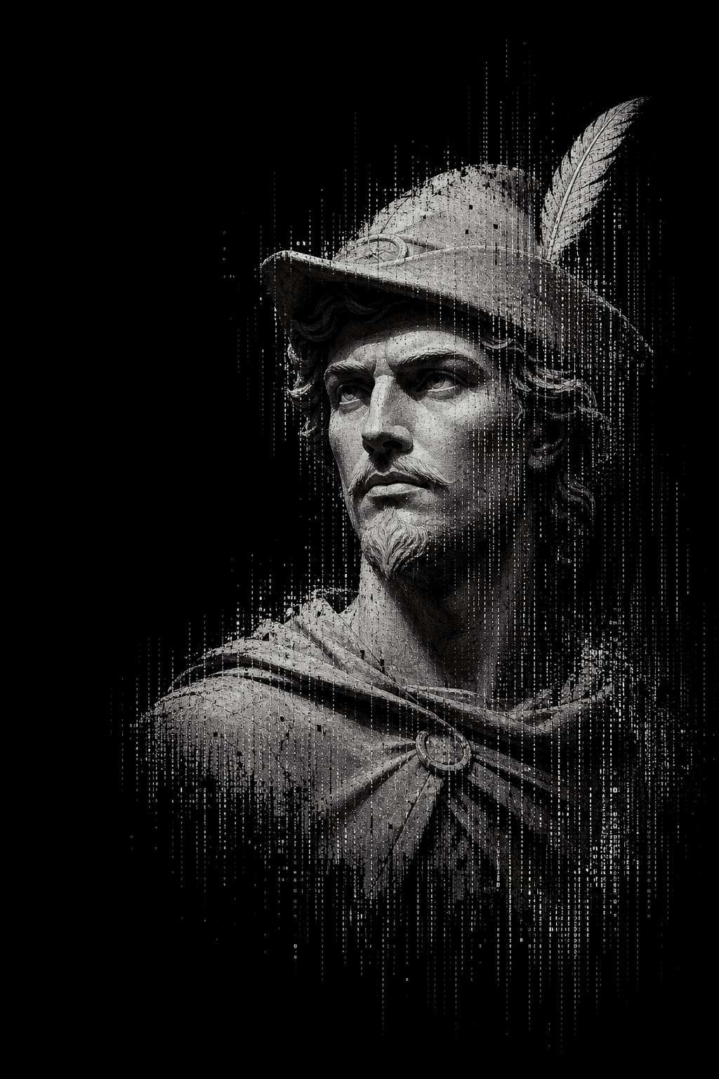 A fragmented digital marble statue of Robin Hood wearing a feathered cap and goatee
